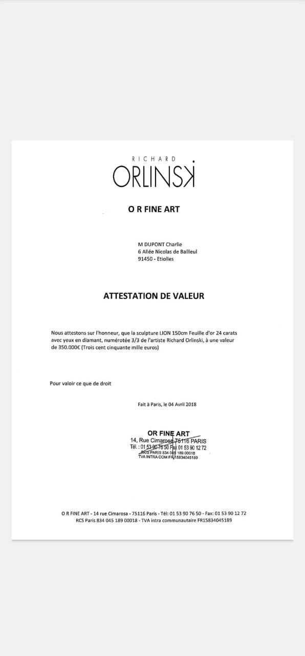 WILD Lion sculpture covered with 24 karat gold leaf and diamond eyes - METALUXURY