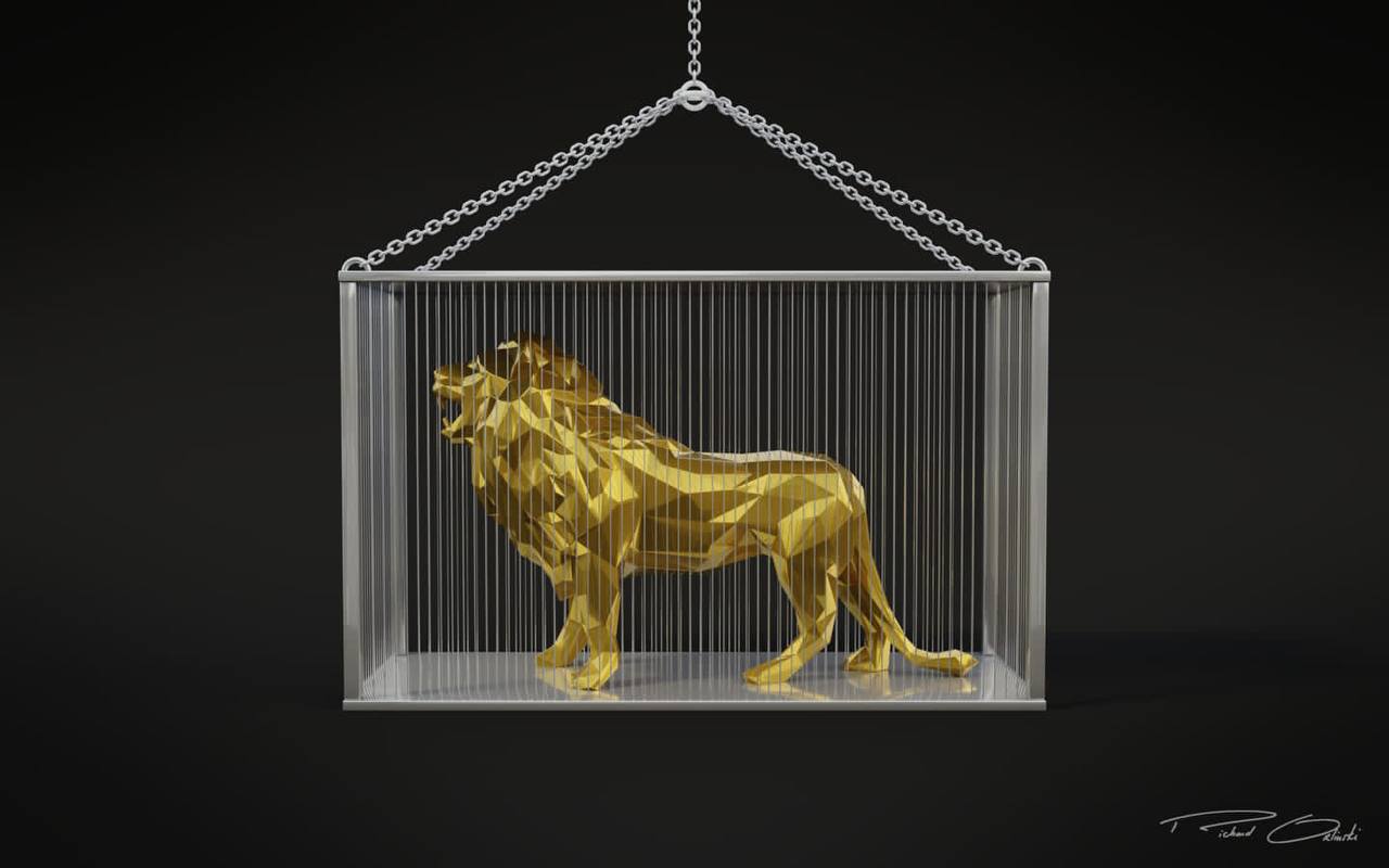 WILD Lion sculpture covered with 24 karat gold leaf and diamond eyes