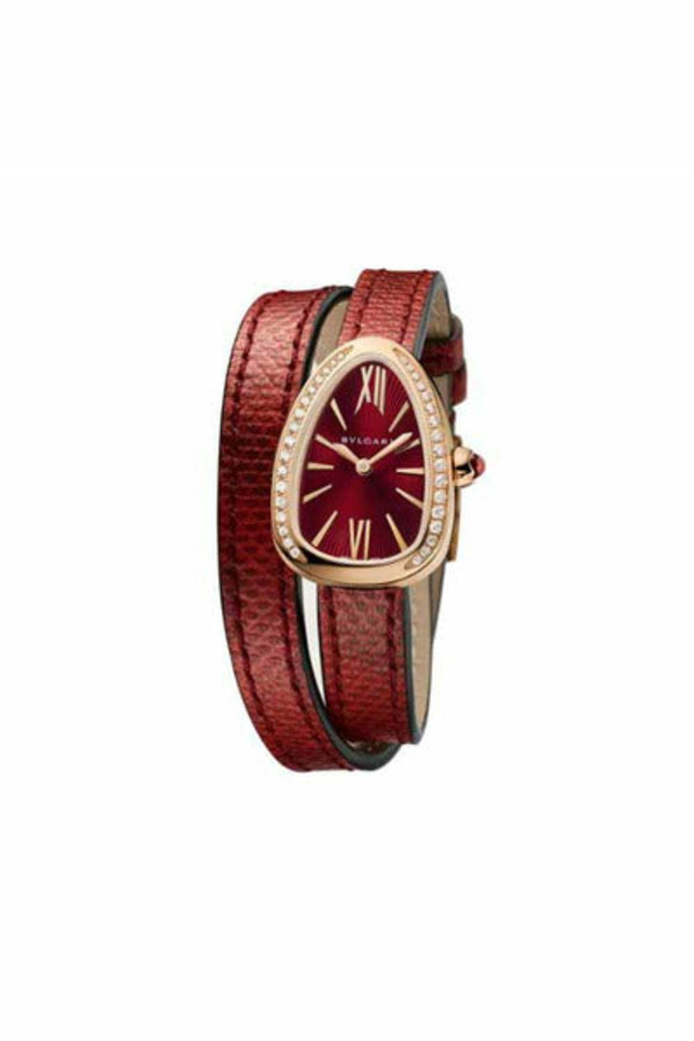 BLVGARI SERPENTI 18KT ROSE GOLD DIAMOND SET BEZEL RED DIAL 27MM LADIES WATCH-DUBAILUXURYWATCH