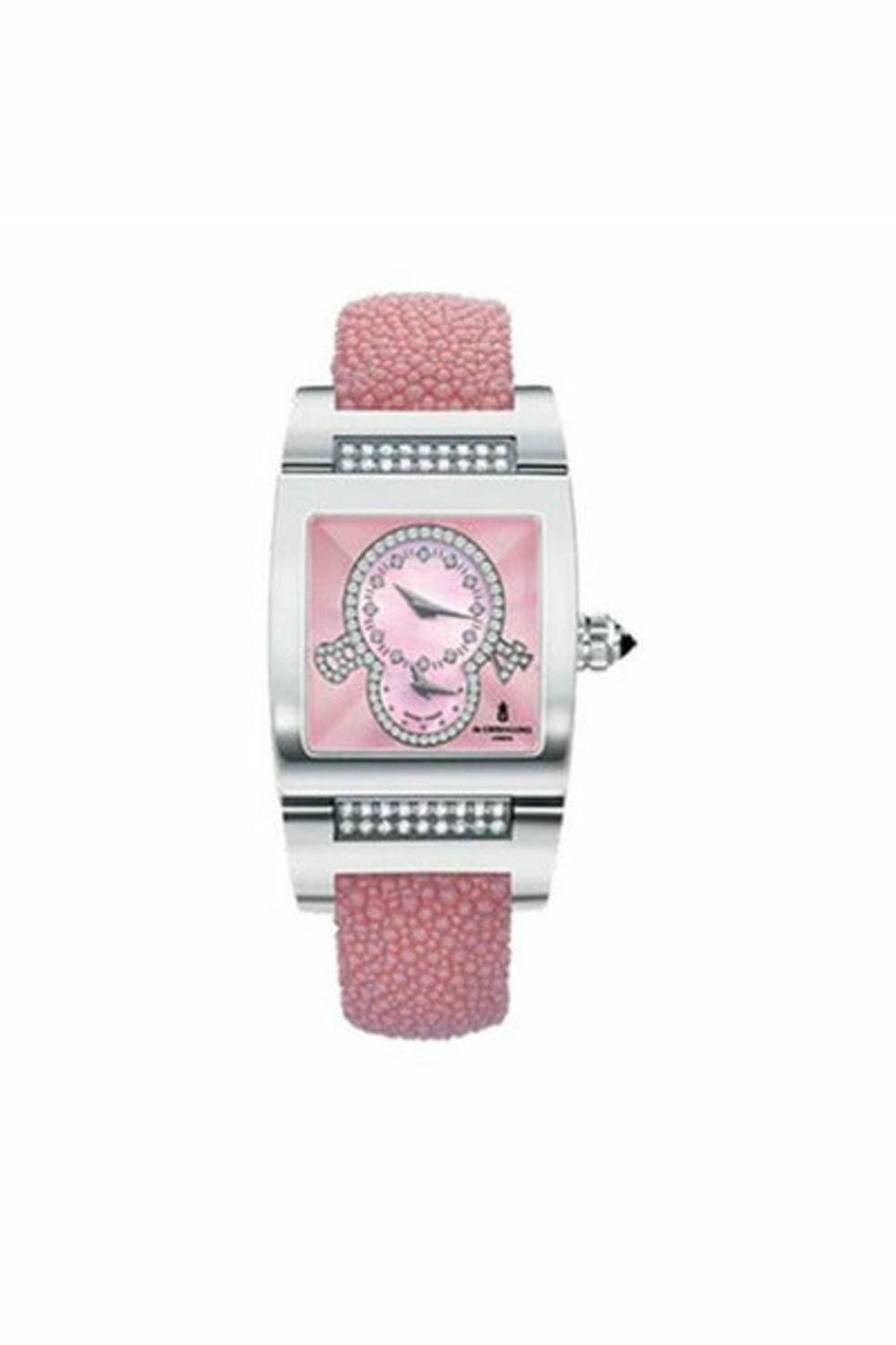 DE GRISOGONO INSTRUMENTINO DUAL TIME ZONE WHITE GOLD DIAMOND BEZEL PINK GALUCHAT STRAP WITH PINK GUILLOCHE DIAMOND DIAL TinoS05QZ-DUBAILUXURYWATCH